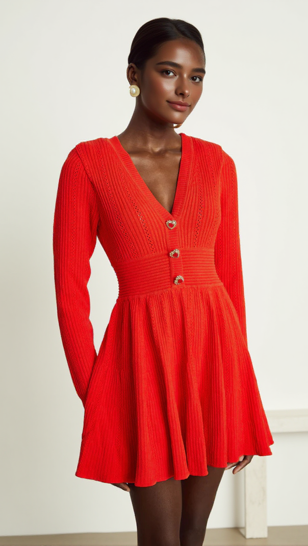 AIIZIE VICTORIA POINTELLE KNIT MINI DRESS IN RED - product image
