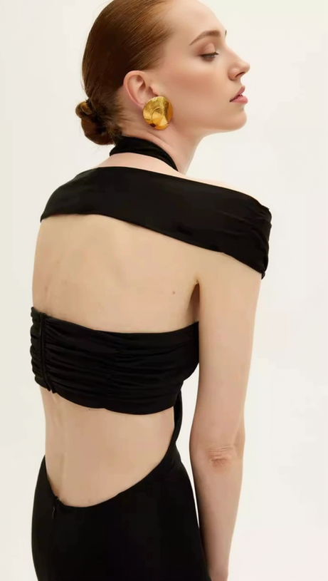 BLACK CUTOUT HALTER BANDAGE MAXI DRESS