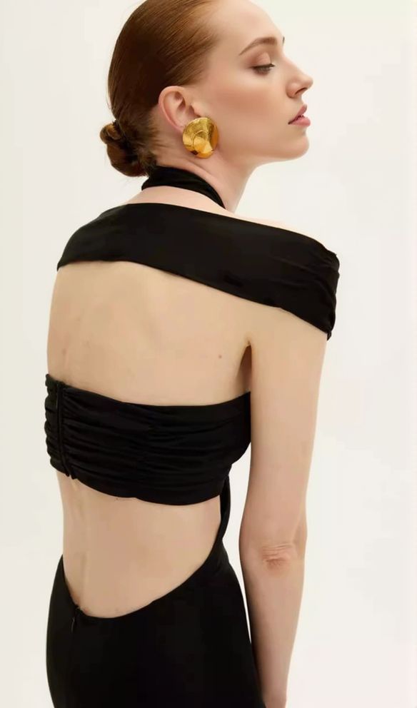AIIZIE BLACK CUTOUT HALTER BANDAGE MAXI DRESS - product image