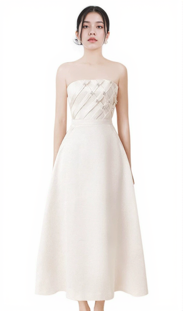 AIIZIE STRAPLESS STRAIGHT NECK MIDI DRESS IN CREAM WHITE - product image