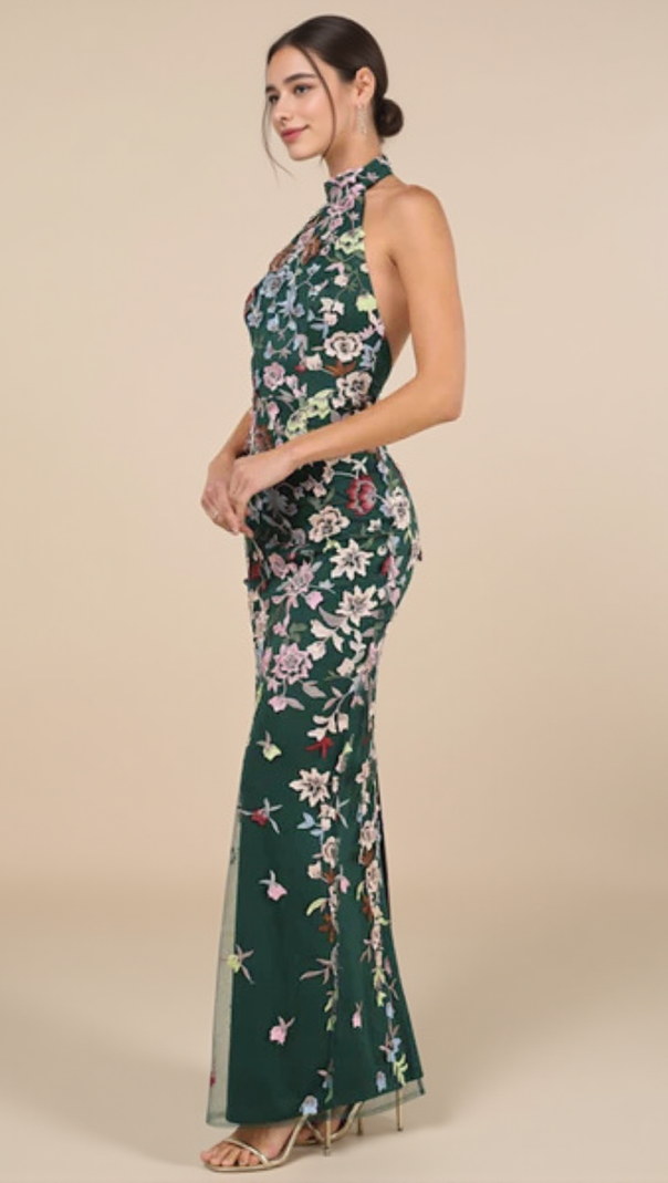 AIIZIE 3D FLORAL EMBROIDERED HALTER MAXI DRESS IN EMERALD - product image