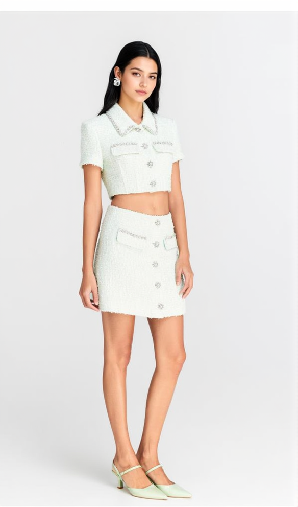 CRYSTAL EMBELLISHED TWEED SKIRT SET