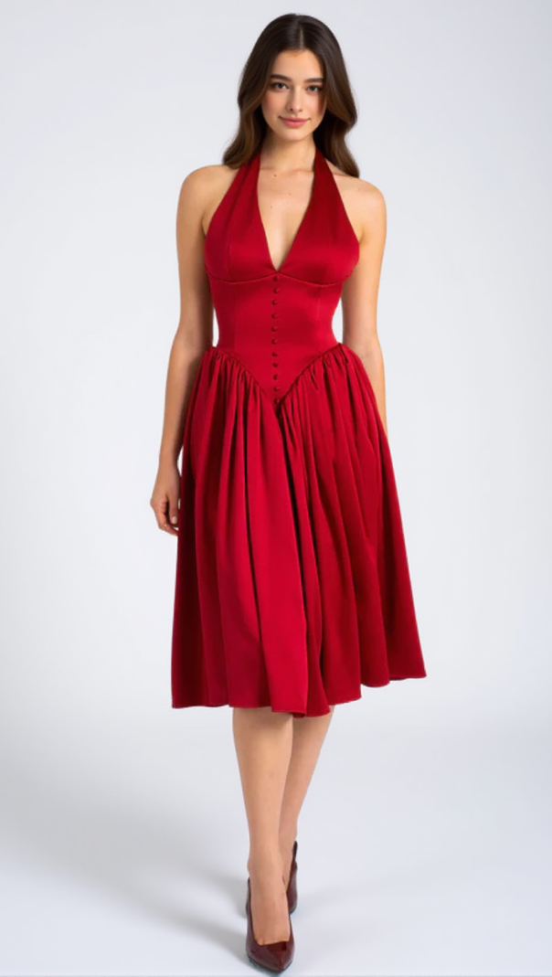 AIIZIE WENDY PLUNGING HALTER BACKLESS MAXI DRESS IN RED - product image