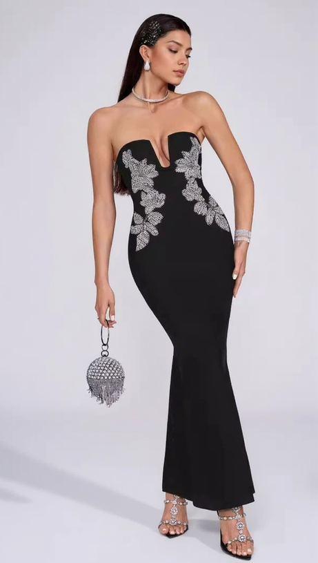 DIAMANTE EMBELLISHED CREPE BLACK GOWN