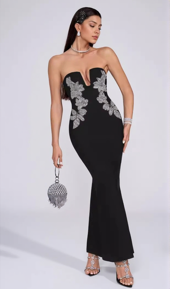 DIAMANTE EMBELLISHED CREPE BLACK GOWN