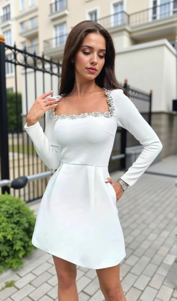 JEWEL-EMBELLISHED TRIM MINI DRESS IN WHITE