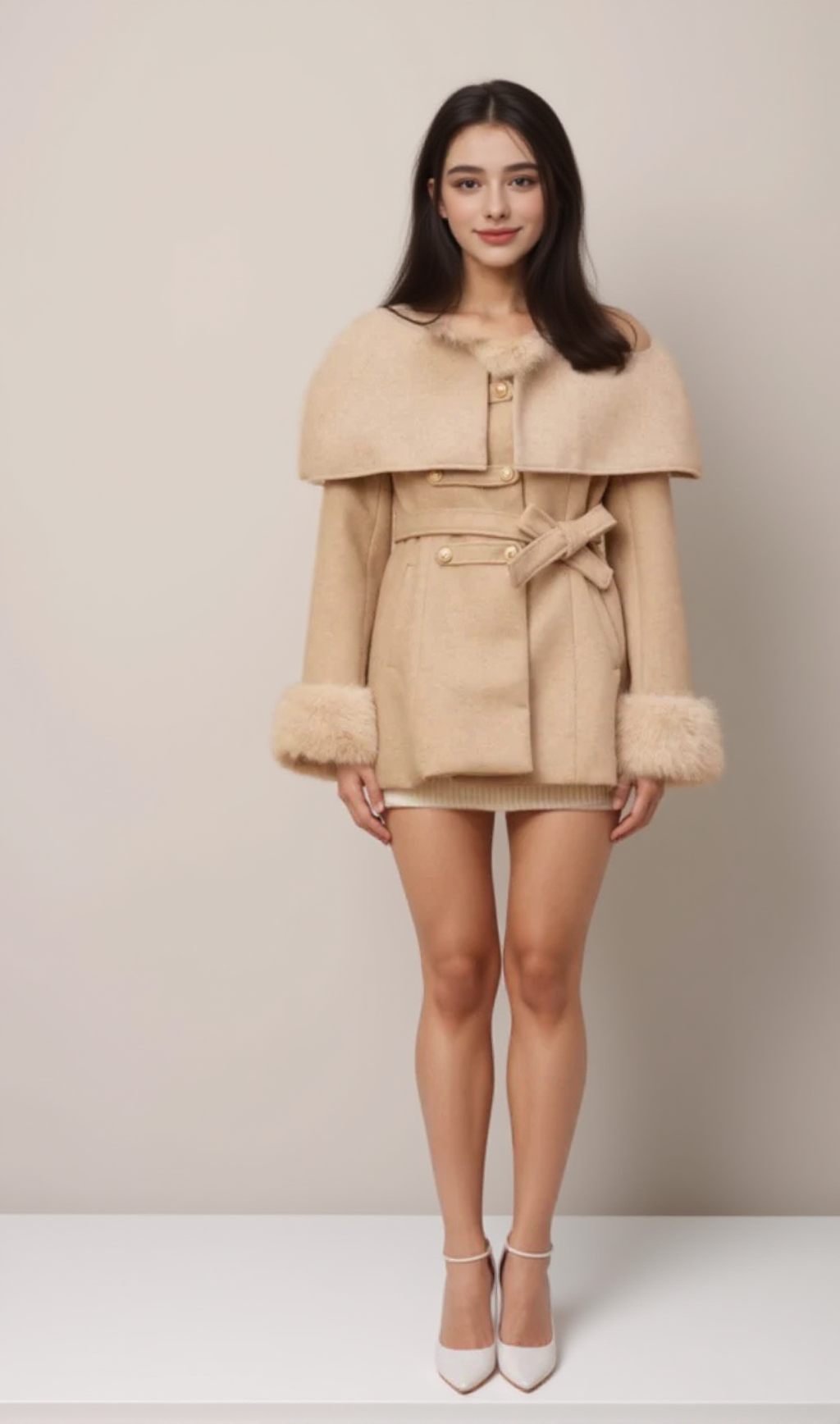 ROSELLA DETACHABLE-CAPE FAUX-FUR COAT