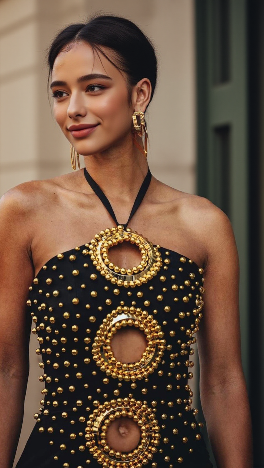 EMBELLISHED CUT OUT HALTER MAXI DRESS IN BLACK