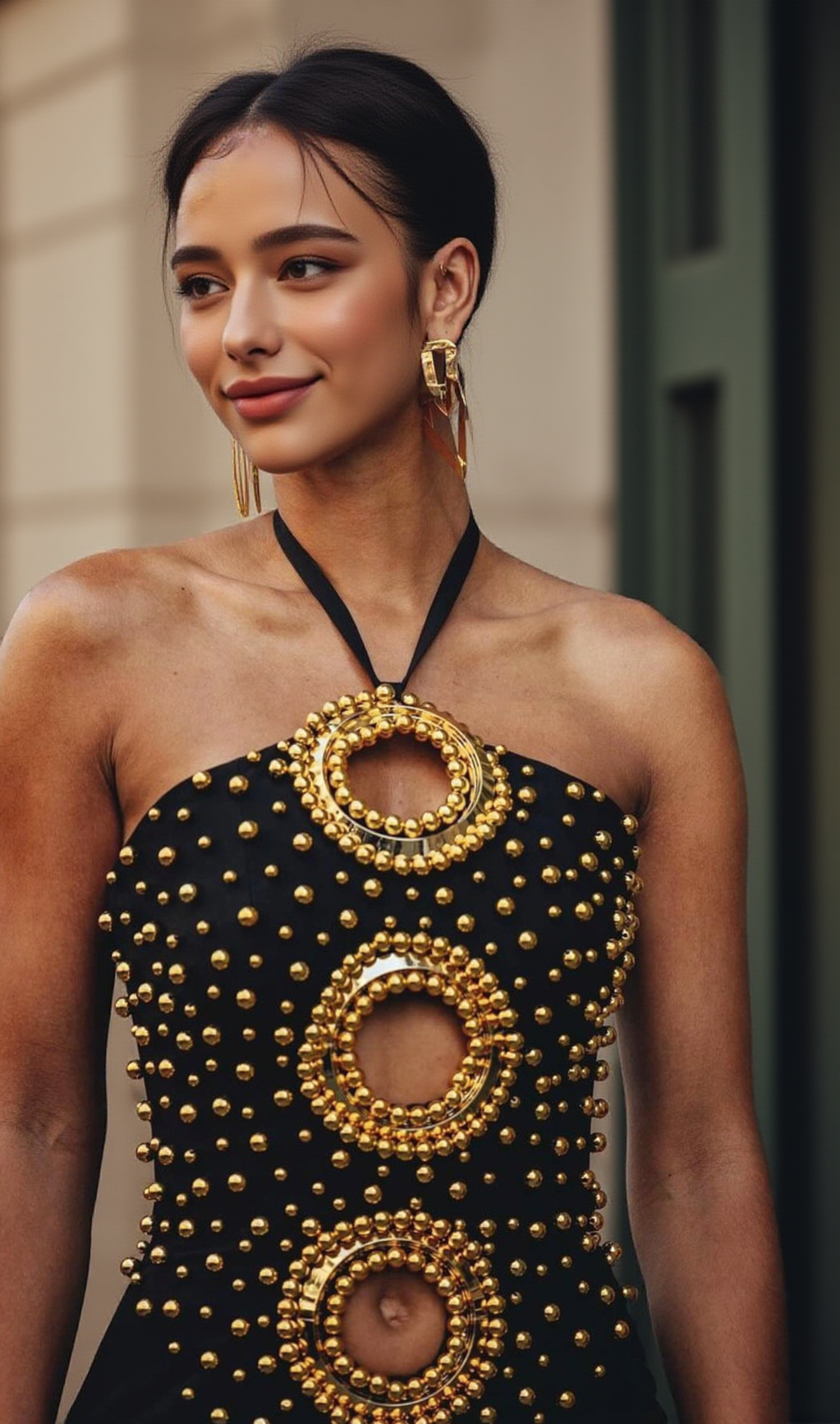 EMBELLISHED CUT OUT HALTER MAXI DRESS IN BLACK