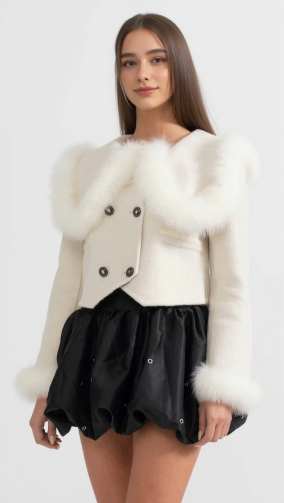 DOUBLE BREASTED CROPPED JACKET WITH FUR COLLAR EMBELLISHMENT - WHITE