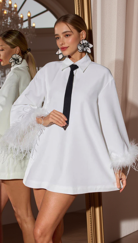 FINIA FEATHER-TRIMMED MINI SHIRT DRESS WITH TIE