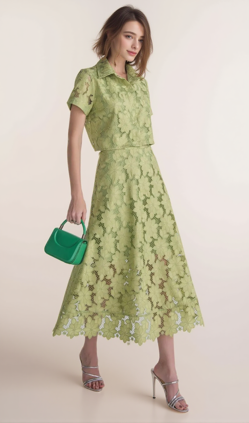 guipure mesh midi skirt cropped set in green