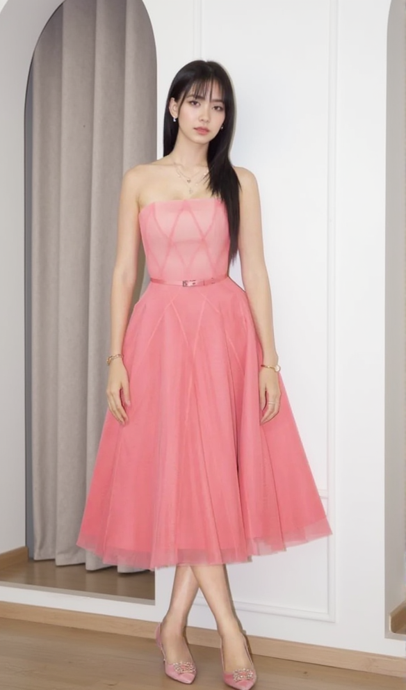 AIIZIE CORAL PINK OMBRE SOFT NET MIDI DRESS - product image