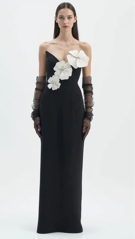 WHITE FLOWER EMBELLISHED MAXI DRESS IN BLACK