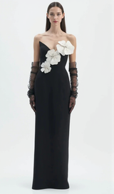 WHITE FLOWER EMBELLISHED MAXI DRESS IN BLACK