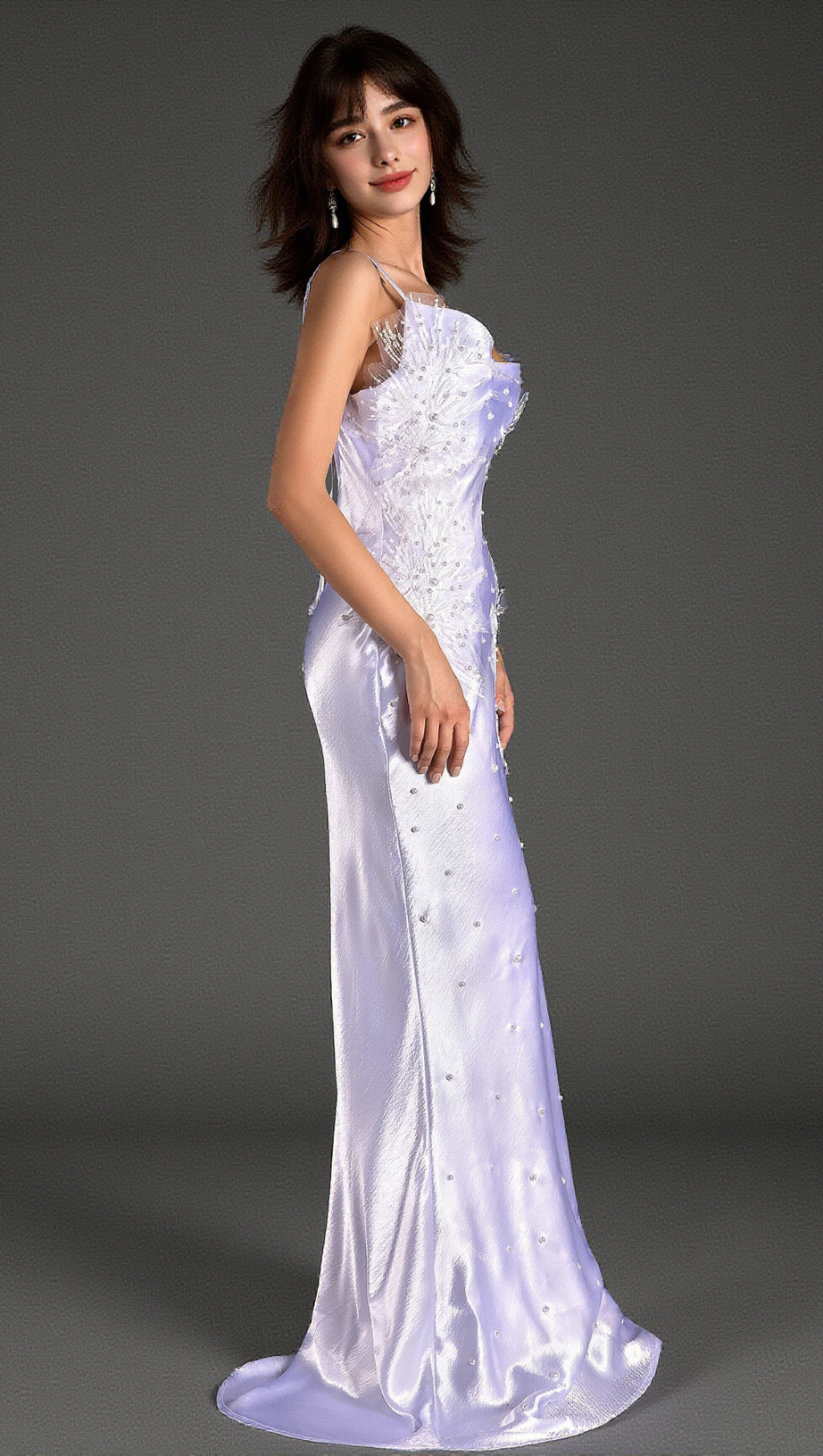 WHITE ALANIDES BEAD APPLIQUE SATIN DRESS