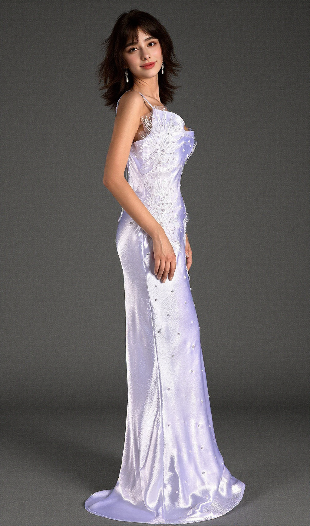 WHITE ALANIDES BEAD APPLIQUE SATIN DRESS