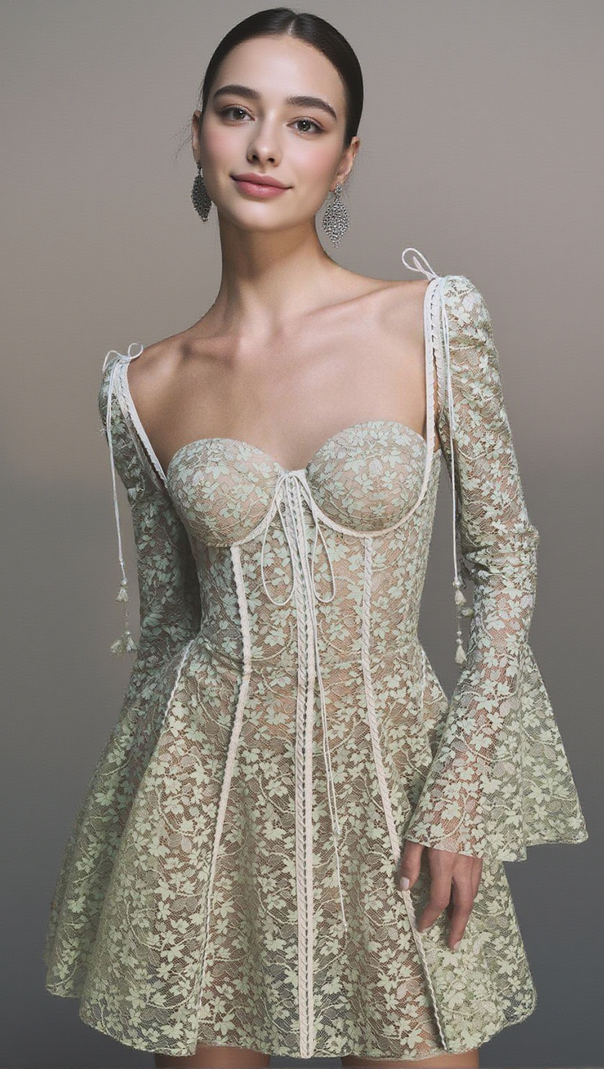 AIIZIE TERESA TRUMPET SLEEVE LACE EMBROIDERY MINI DRESS IN GREEN - product image