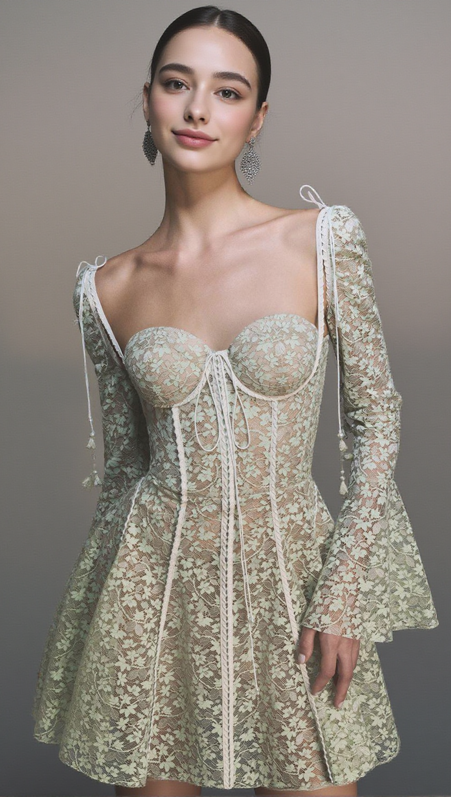 ABITO CORTO TERESA CON MANICHE A TROMBA E RICAMI IN PIZZO VERDE