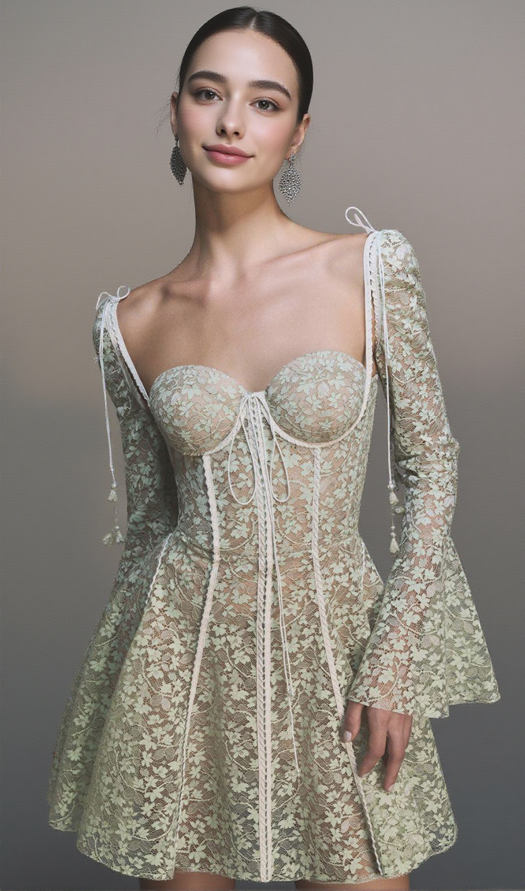 TERESA MINIKLEID MIT TROMPETENÄRMELN UND SPITZENSTICKEREI IN GRÜN