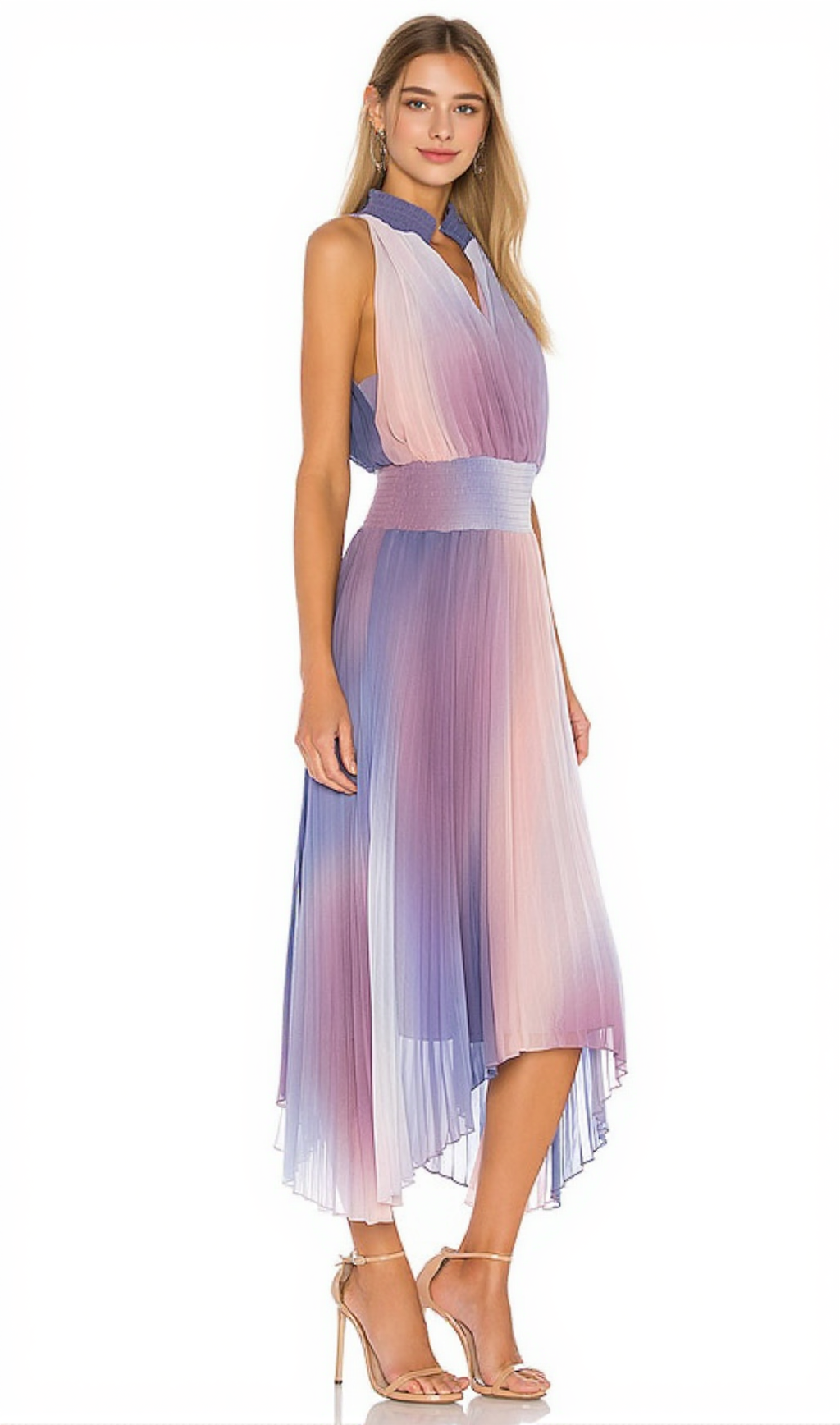 HALTER NECK PLEATED MIDI DRESS IN LAVENDER TIE DYE