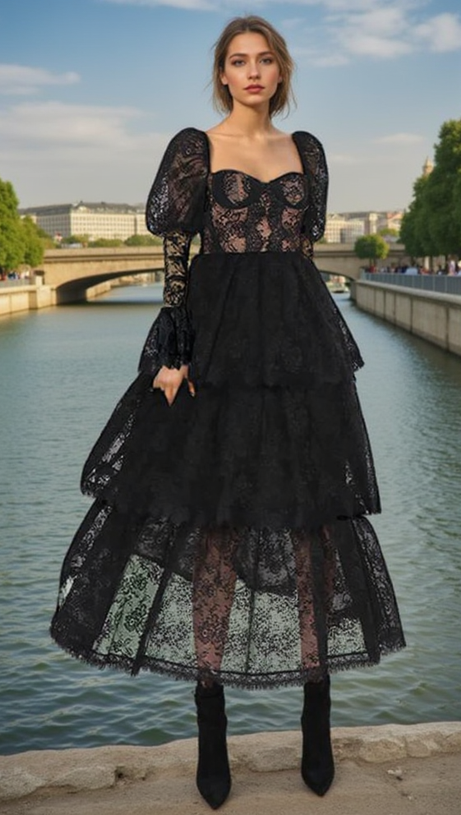 PUFF SLEEVE LACE MAXI DRESS IN BLACK