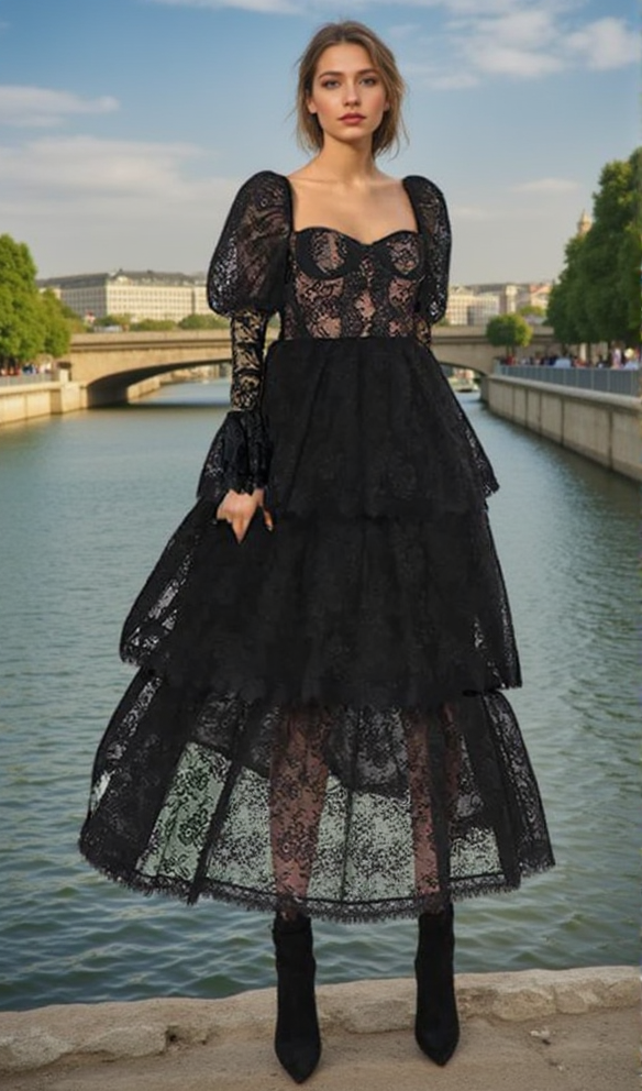 PUFF SLEEVE LACE MAXI DRESS IN BLACK