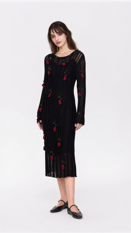 HILARIA ROSE HANDCRAFTED KNIT MIDI DRESS IN BLACK