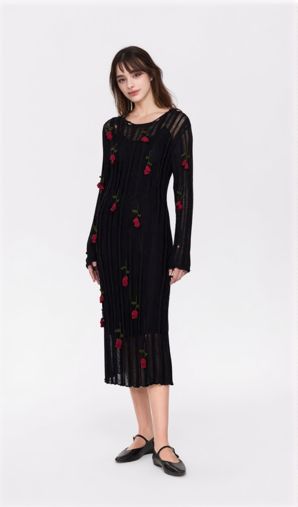 AIIZIE HILARIA ROSE HANDCRAFTED KNIT MIDI DRESS IN BLACK - product image