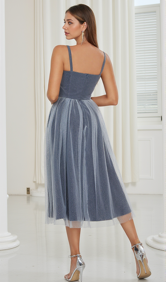 AIIZIE RUCHED BUST RHINESTONE MESH CAMI DRESS - product image