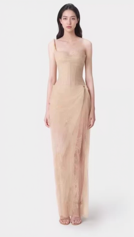 MIDIKLEID AUS MESH MIT GERÜSCHEN UND EINER SCHULTER IN HELLGELB