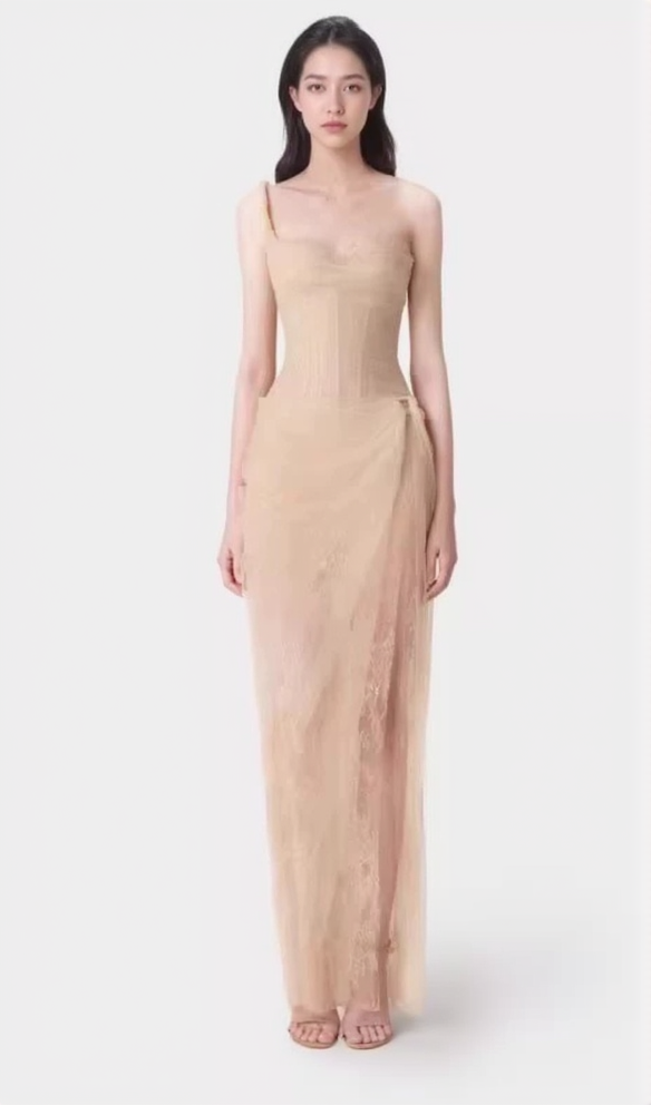 MIDIKLEID AUS MESH MIT GERÜSCHEN UND EINER SCHULTER IN HELLGELB