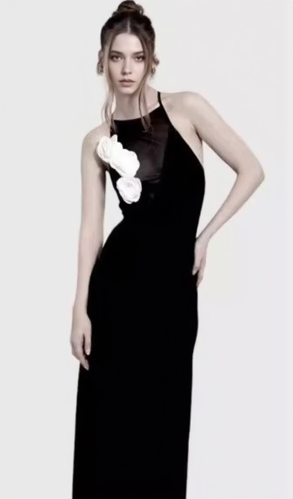 FLOWER EMBELLISHED MESH MAXI DRESS IN BLACK