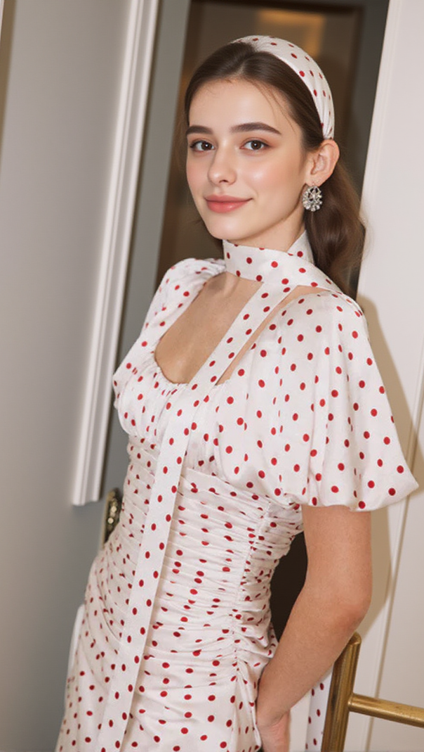 AIIZIE RED POLKA DOT BUBBLE SLEEVE MIDI DRESS - product image