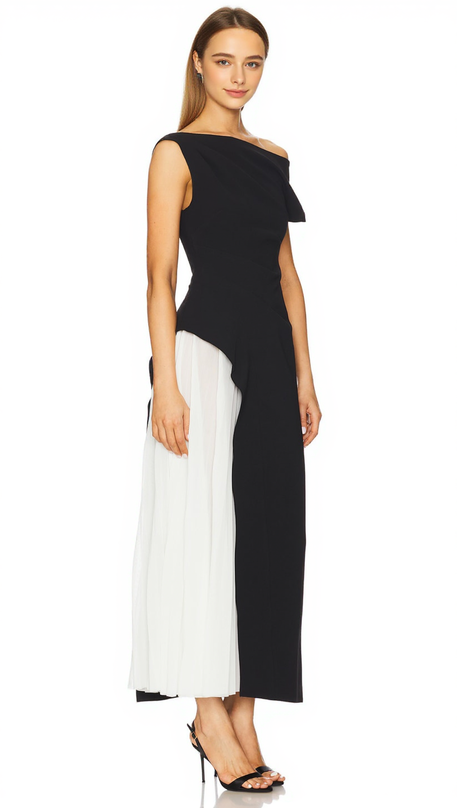 YVETTE ONE-SHOULDER PLEATED MAXI DRESS IN BLACK