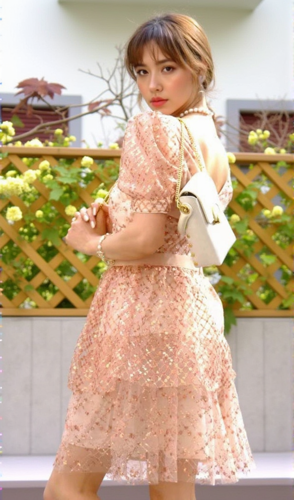 AIIZIE V NECK SEQUIN TIERED MINI DRESS - product image