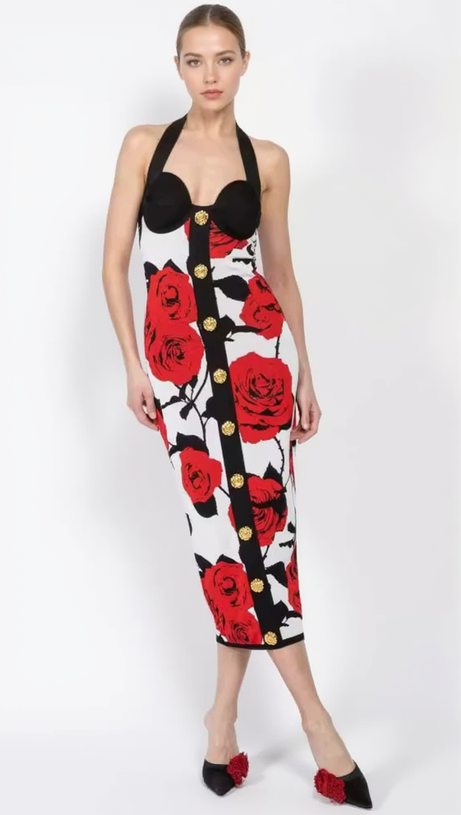 MULTICOLOR HALTERNECK ROSE PRINT MIDI DRESS
