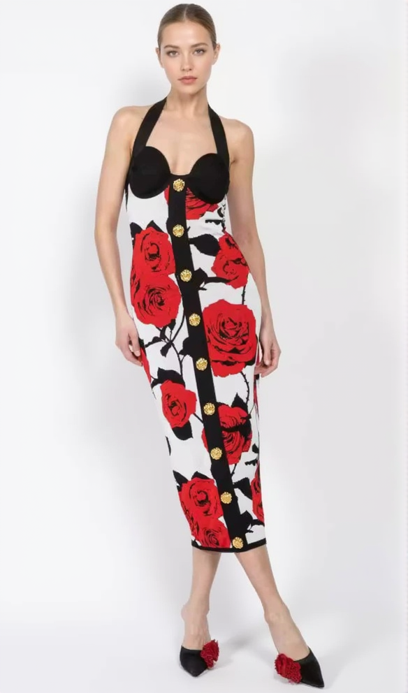 AIIZIE MULTICOLOR HALTERNECK ROSE PRINT MIDI DRESS - product image
