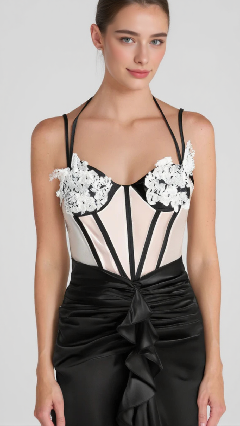 BEULAH BLACK SATIN CORSET SEQUIN WING CUP DRESS