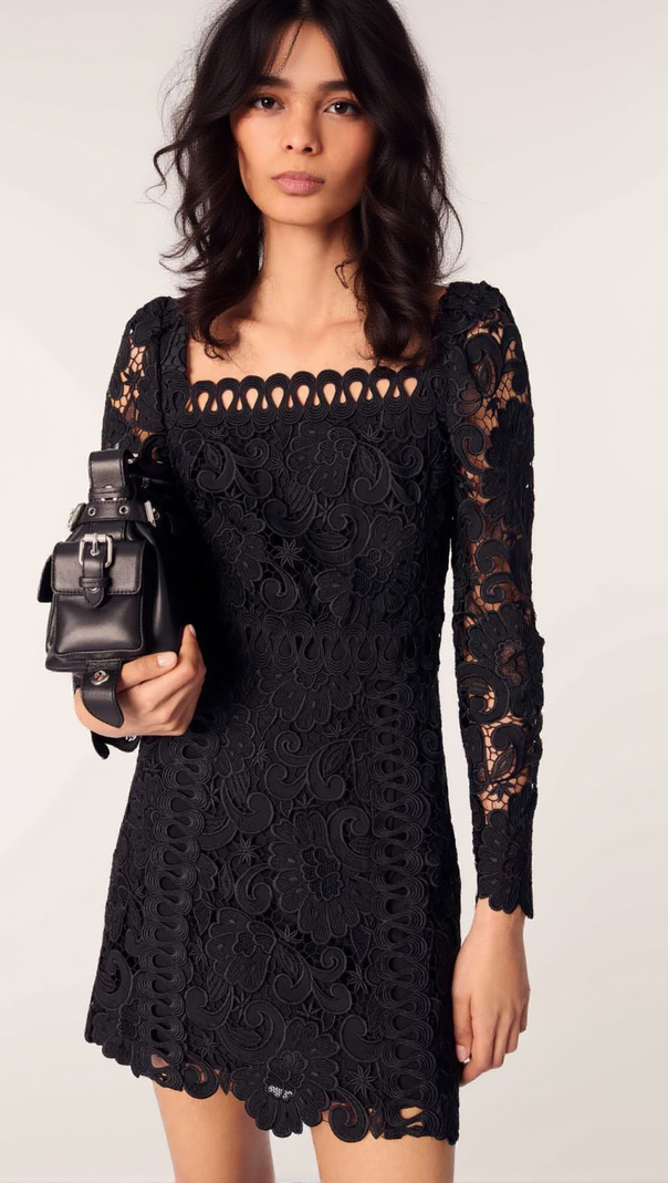 AIIZIE FLORAL-MOTIF HOLLOW LACE MINI DRESS IN BLACK - product image