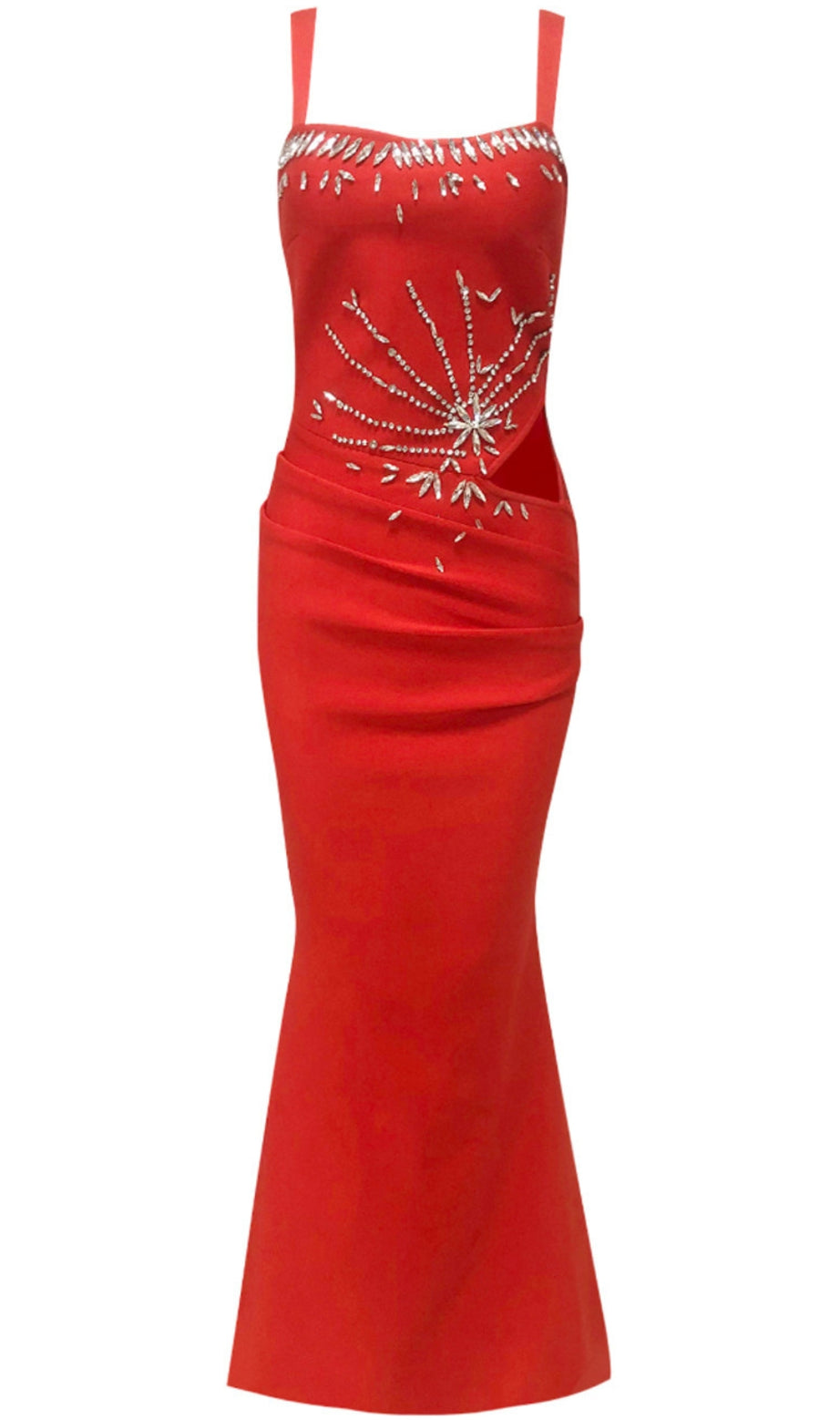 Abito lungo drappeggiato in cristallo rosso