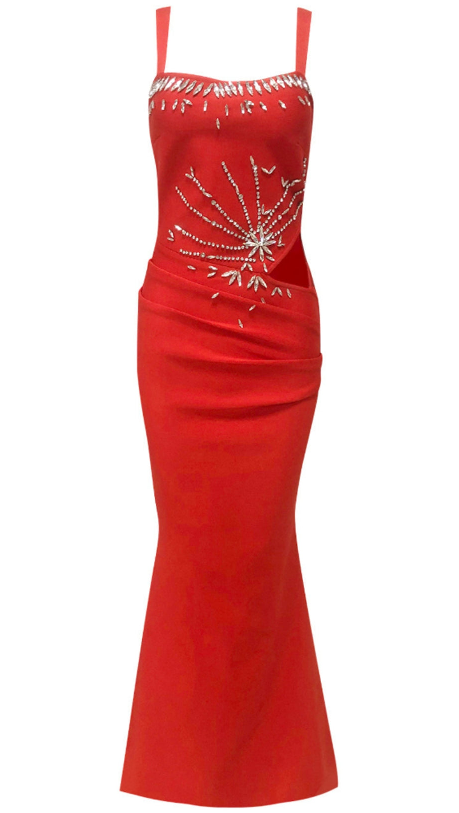 ABITO LUNGO DRAPPEGGIATO CON CRISTALLI ROSSO