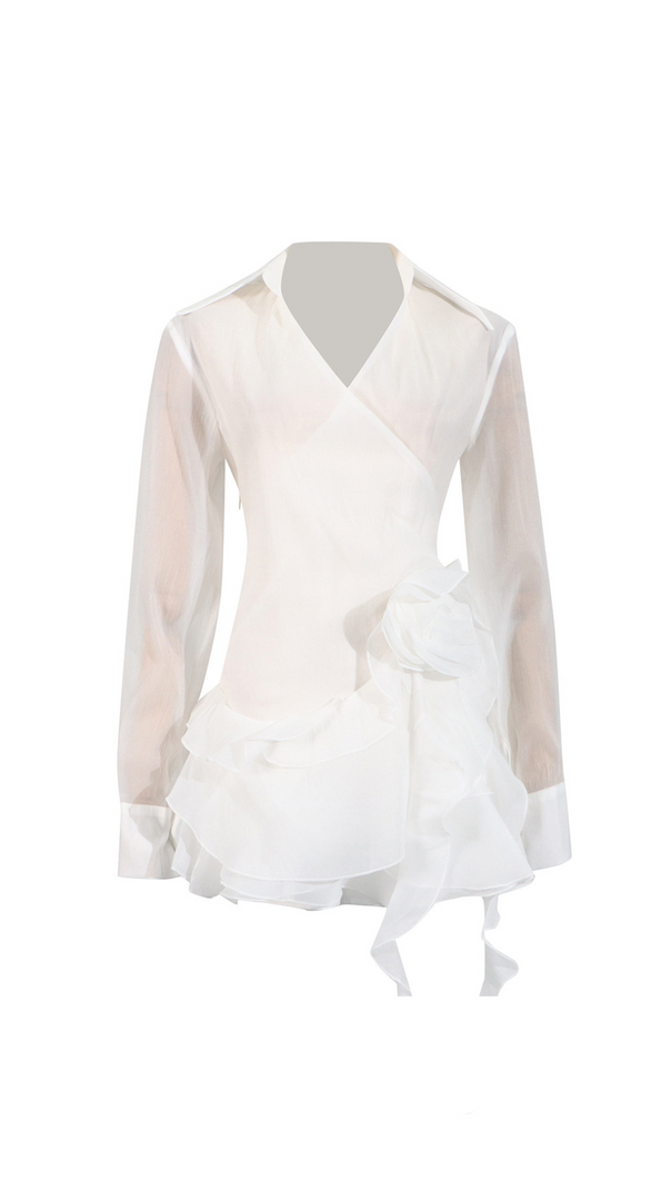 AIIZIE FLOWER RUFFLE RIBBON MINI DRESS IN WHITE - product image
