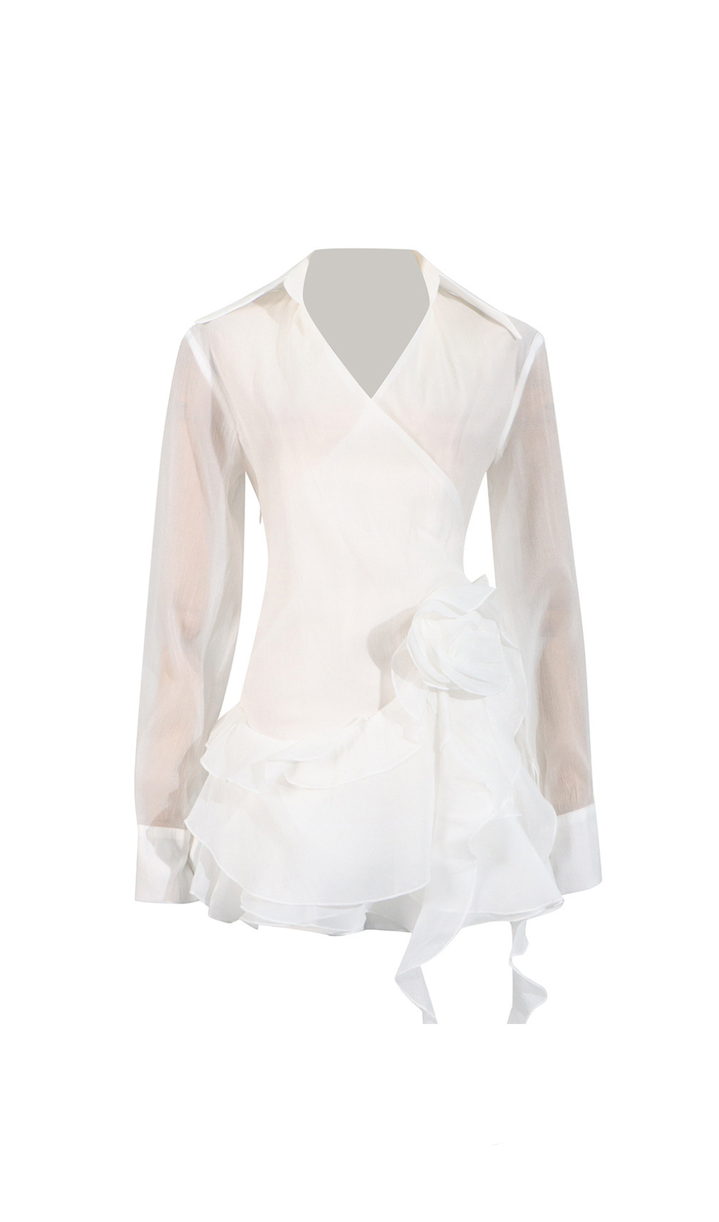 MINI ABITO CON FIORI E NASTRO A VOLANT IN BIANCO