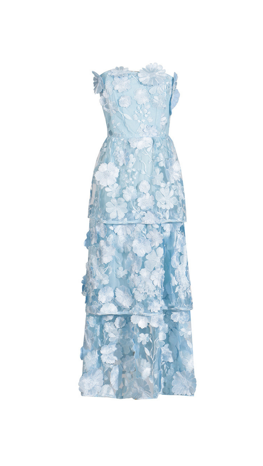 SELENE 3D FLOWER TIERED MAXI DRESS IN BLUE