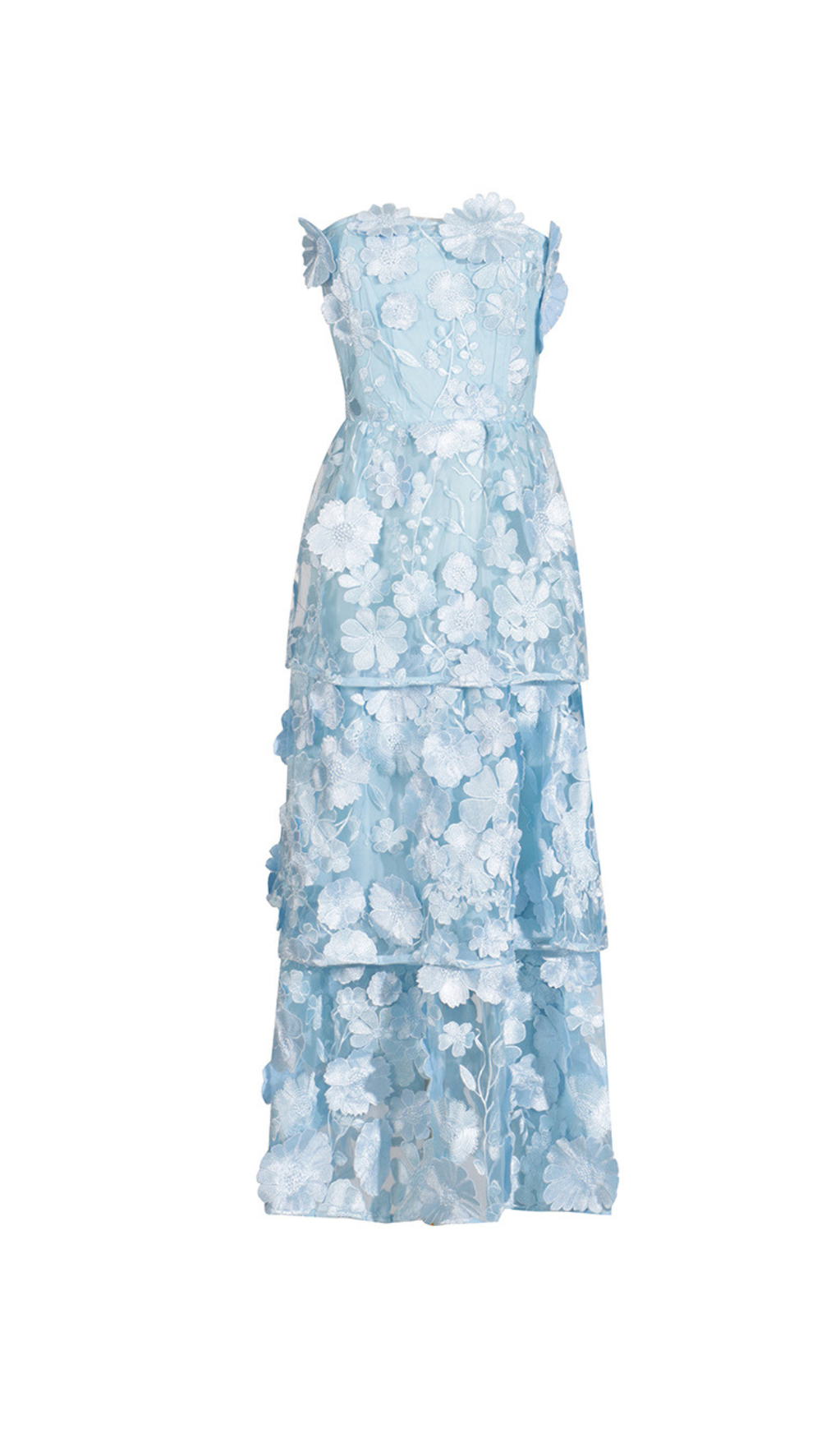 SELENE 3D FLOWER TIERED MAXI DRESS IN BLUE
