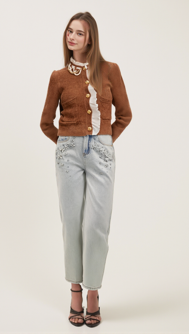 AIIZIE ELISABETTA BROWN EMBELLISHED RUFFLED KNIT CARDIGAN - product image