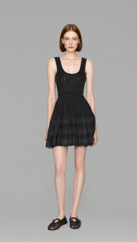 RIBBED POINTELLE KNIT MINI DRESS IN BLACK