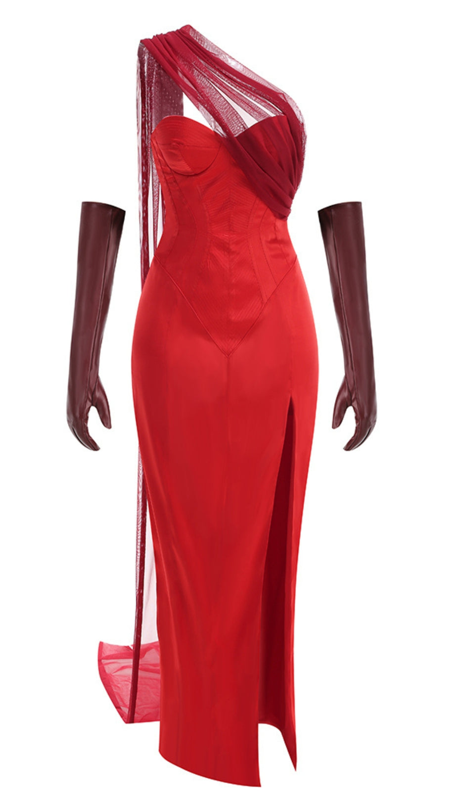 STRAPLESS HIGH SLIT GOWN WITH GLOVES