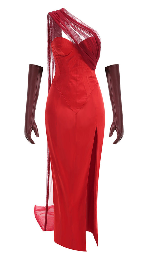 Strapless High Slit Gown With Gloves